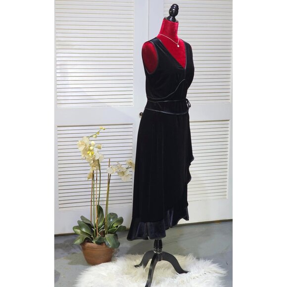 A.B.S. By Allen Schwartz Women's Black Velvet Wrap Dress Ruffled Hem Sz L 2564 - Picture 4 of 10
